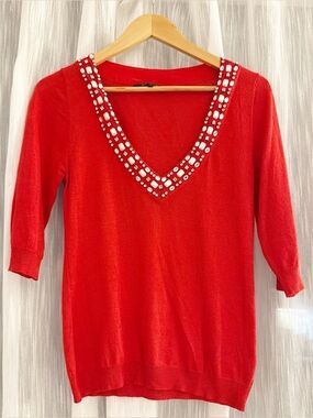 ✨ Tara Jarmon Silk Cashmere Jewel Embellished V-Neck Sweater | Red | Size S